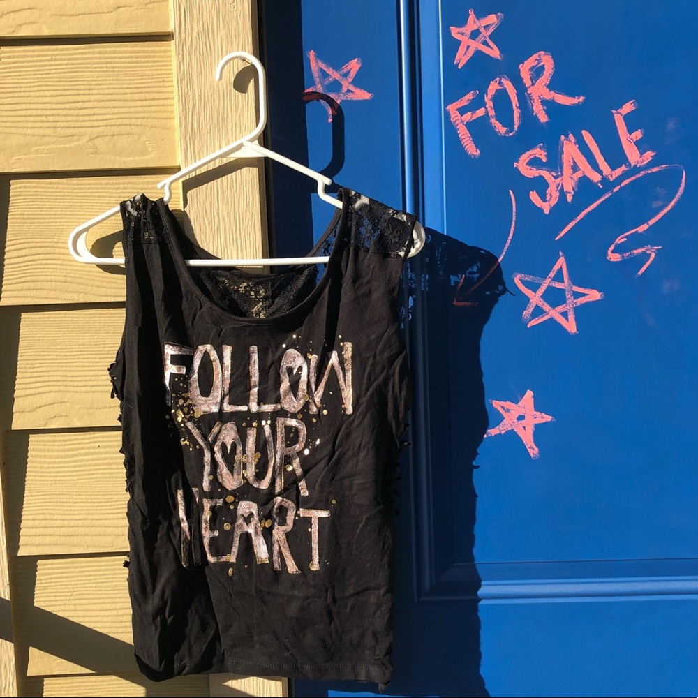 “Follow your heart” gold and black punk rock top